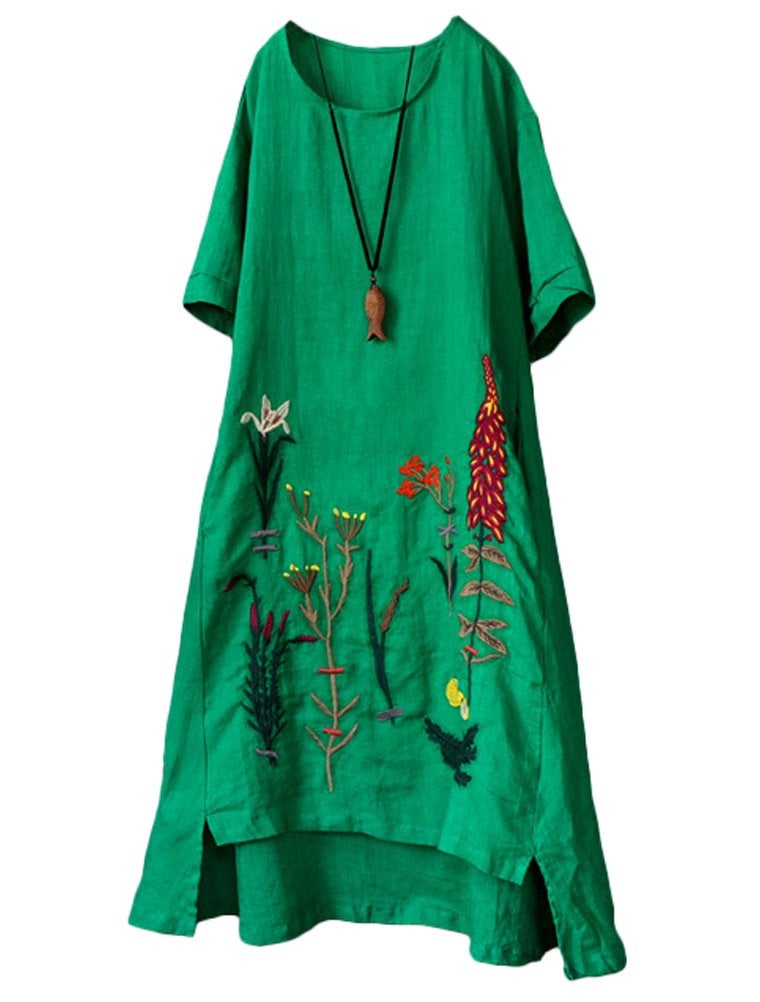 Minibee Women's Embroidered Linen Dress Summer A-Line Sundress Hi Low Tunic Clothing Green L - Image 1